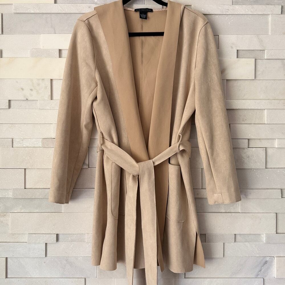 JOAN VASS Faux Suede BeltedTrench Jacket with Hood Beige Preppy Light Academia